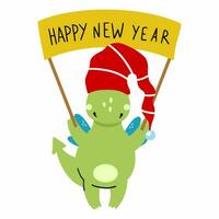 Funny dragon in hat holds inscription happy new year. vector