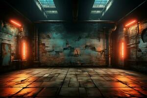 The background of an empty room with brick walls and concrete floor tiles Neon light, spotlight, smoke AI Generated photo