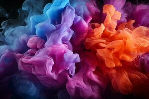 Kaleidoscope of smoke, Colorful swirls on black, neon light, brick wall AI Generated photo