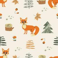 Cute seamless pattern with fox, mushrooms,stump and trees.For kids fabric, wrapping, textile, wallpaper, apparel. Hand drawn vector illustration.