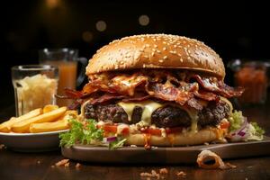 Pub-style treat, bacon cheese burger on brioche, rustic red log background AI Generated photo