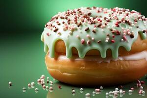 Delectable treat glazed donut with sprinkles on green backdrop, perfect for text AI Generated photo