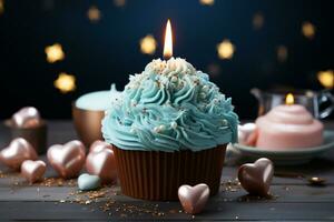 A delightful and beautiful cupcake with blue candle and love themed heart AI Generated photo