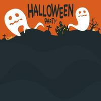 Halloween night background with ghosts, pumpkin, haunted house and grave flat design vector illustration have blank space. Flyer or invitation template for Halloween party.
