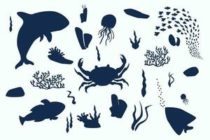 Vector set of marine silhouettes. Monochrome underwater figures of plants and corals, rocks and animals such as crab, killer whale, jellyfish, fish.