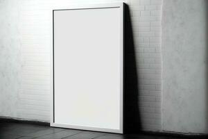 White blank poster mockup with a wall mounted frame. Ad has a blank slate photo