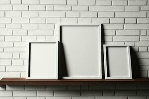 empty frames on a shelf close to a brick wall photo