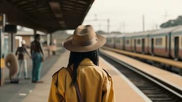 posterior ver de un caminando africano mujer en el ferrocarril estación antes de su viaje Entre dos autopista trenes esperando para salida en el plataforma adentro de un ferrocarril deposito, generativo ai foto