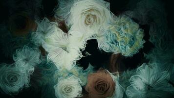 abstrakt Blumen- Bewegung Hintergrund Animation im das Stil von ein dunkel dekadent Aquarell malen. Blumen umfassen Alstroemeria, Nelke, Chrysantheme, Gänseblümchen, Gerbera, Gladiole, Hortensie und Rose. video