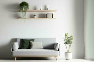 Grey modern sofa with wooden shelf near white empty wall, copy space photo