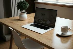 a mockup laptop with a white screen and a wooden table in a shared workspace photo