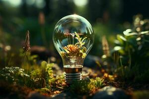 Renewable energy concept, lightbulb powered by solar panel and wind turbine on soil AI Generated photo