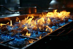 Hot blue and yellow fire flames cooking on kitchen stove AI Generated photo