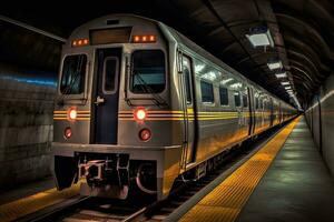 moderno eléctrico tren en subterraneo túnel. tren tecnología y transporte concepto. generativo ai foto