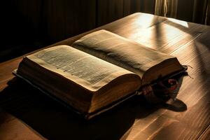 Biblia, brillante santo Biblia en el de madera mesa. generativo ai foto