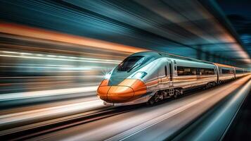 Super streamlined train with motion blur. Generative Ai photo