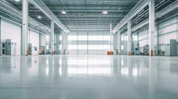 Empty of Modern factory for manufacturing production plant or large warehouse. Polished concrete floor clean condition and space for industry product. Generative Ai photo