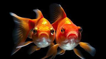 Two goldfish on black background. Generative Ai photo