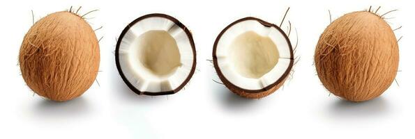 Top view of coconut, Set of fresh whole and half coconut and slices isolated on white background. Generative ai photo