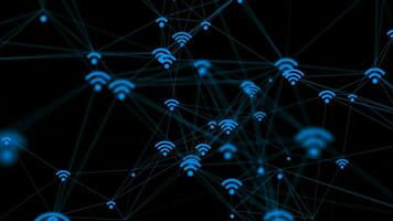 Wi-fi network connections concept background with flashing blue wi-fi icons connected by a digital plexus network. This internet technology background is full HD and a seamless loop. video