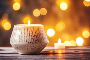 burning candle casting a warm glow in a dimly lit room photo