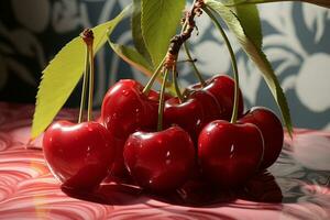 Natural beauty cherries grace a white surface, shadows adding depth AI Generated photo