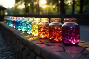 Colorful jars align a cobblestone fence under the vibrant rainbows end AI Generated photo