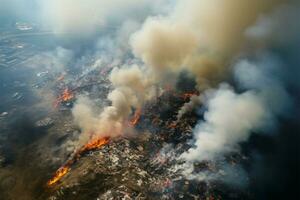 Environmental concern evident as trash landfill burns in aerial panorama AI Generated photo