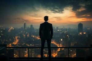 Silhouette of a self assured businessman atop a building, cityscape below AI Generated photo
