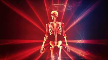 Human skeleton in red light, dark background. Scientific body anatomy. AI generated. photo