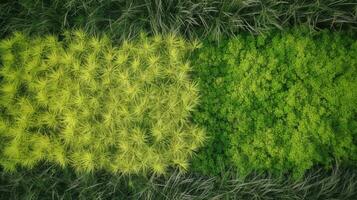 Green grass, top view background texture. Home garden lawn, sports field. AI generated. photo