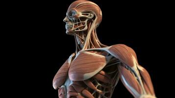 Anatomical structure of muscular system of human body, dark background. AI generated. photo