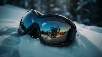 Ski goggles on snow closeup, mountain background. Active recreation, winter sports. AI generated. photo