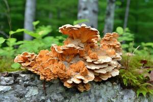 mushrooms growing on a tree stump in a forest photo