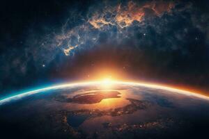 Beautiful Earth . Panoramic view of the Earth, sun, star and galaxy. Sunrise over planet Earth, view from space . Elements of this image furnished by NASA photo