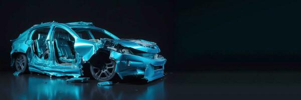 Car accident, broken damaged body metal. Life insurance, technology. Blue car black background. AI generated. photo