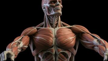 Anatomical structure of muscular system of human body, dark background. AI generated. photo