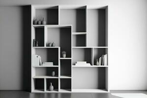 The loft has bookcases. a rack for imagination. A blank office shelf can inspire creativity. on a background of white photo