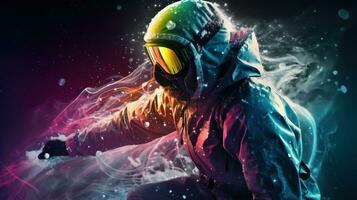 Skier in glasses close-up, background of snow-covered ski peaks of the mountains. AI generated. photo