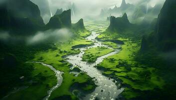 Fantasy alien planet. Mountain and river photo