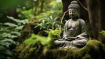 Buddha statue in the garden with green moss and tree background photo