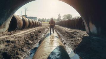 An engineer examining excavation water supply or sewer pipeline at construction site. Generative Ai photo