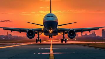 A large jetliner taking off from airport runway at sunset or dawn with the landing gear down and the landing gear down, as the plane is about to take off. Generative AI. photo