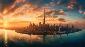 Aerial view of Dubai, United Arab Emirates in near sunset. Generative Ai photo