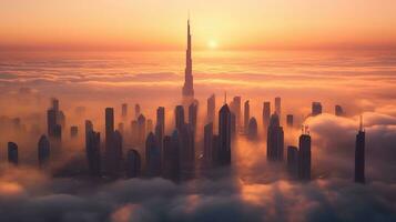 Aerial view of Dubai, United Arab Emirates foggy morning sunrise. Generative Ai photo