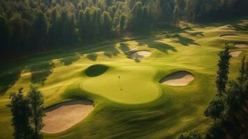 aéreo ver de golf curso con poniendo verde. golf curso con un Rico verde césped hermosa escenario. golf campo. generativo ai foto