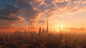 Aerial view of Dubai, United Arab Emirates in near sunset. Generative Ai photo