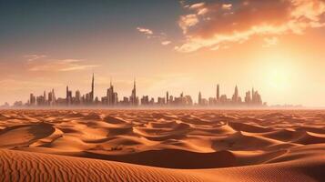 Desert in dubai city background united arab emirates beautiful sky in the morning sunrise. Generative Ai photo