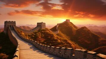 Amazing, Great Wall of China at Sunrise. Generative Ai photo