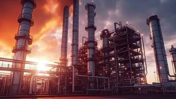 oil refinery plant form industry zone with sunrise and cloudy sky. equipment steel pipes plant. Generative Ai photo